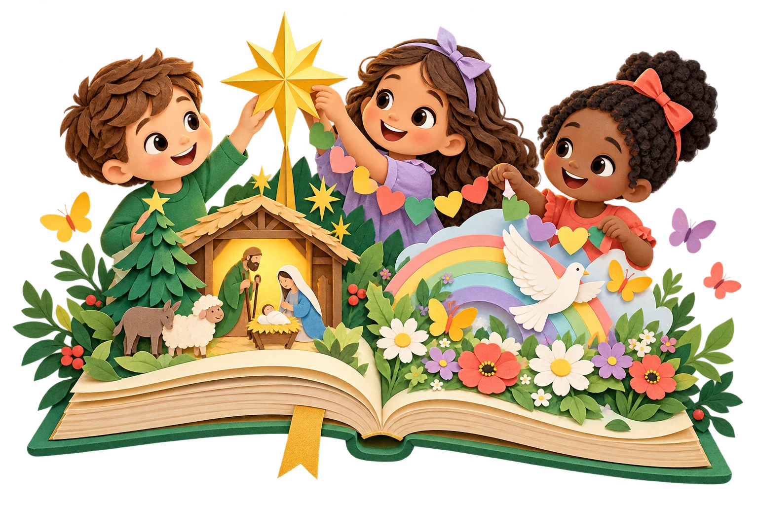 Children making paper stars and garlands around a magical Bible craft storybook