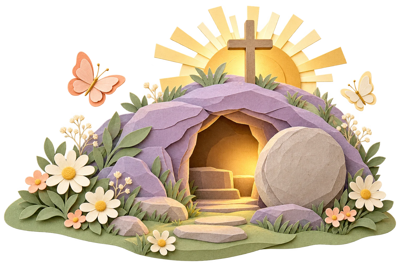 A handcrafted empty tomb with flowers and golden sunrise