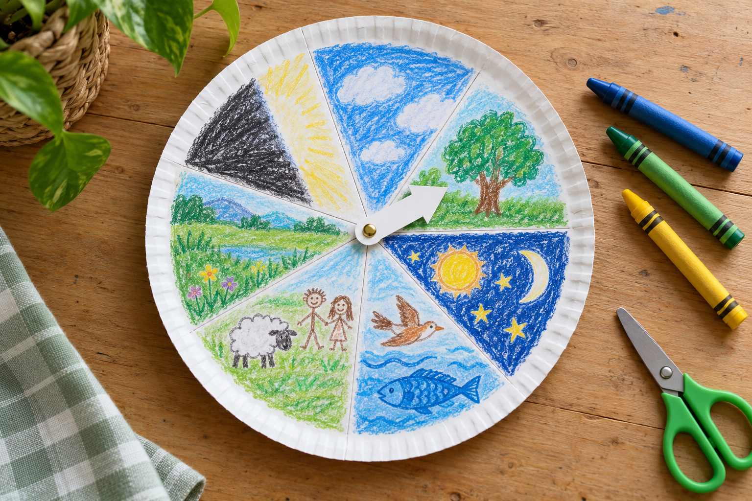 An illustrative example of a handmade paper plate creation wheel, coloured with crayons