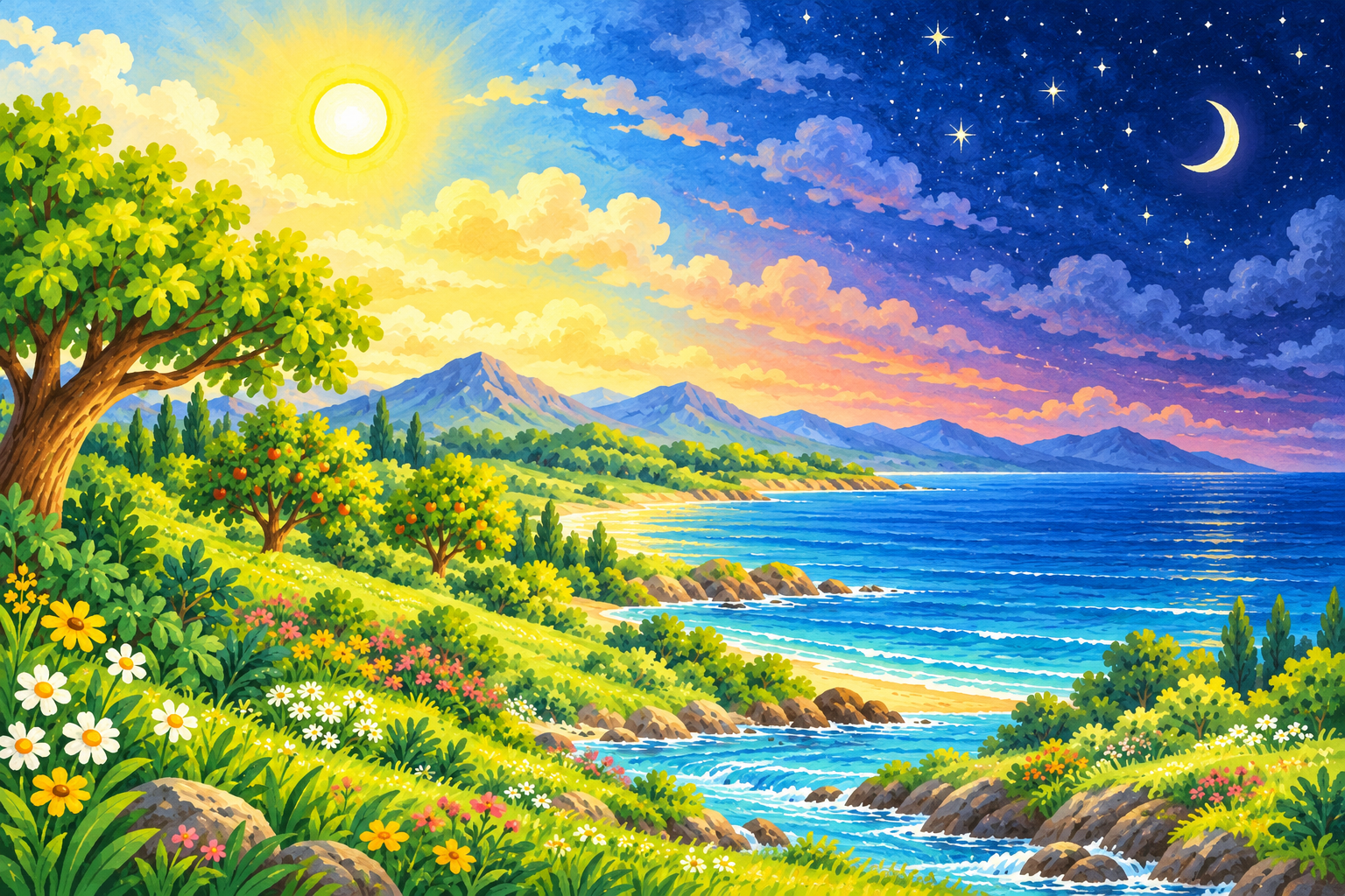Sunlight and a starry night sky over the green world.