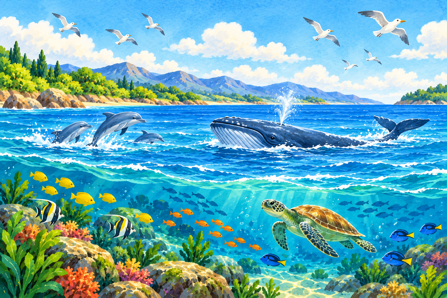 Birds flying above a sea filled with fish, a whale and a turtle.
