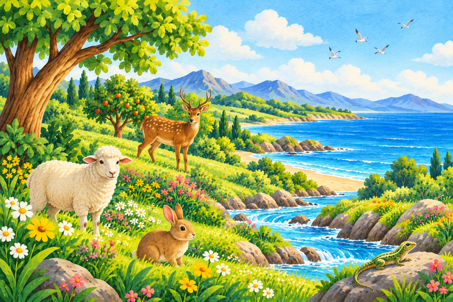A sheep, rabbit, deer and lizard in a green landscape.