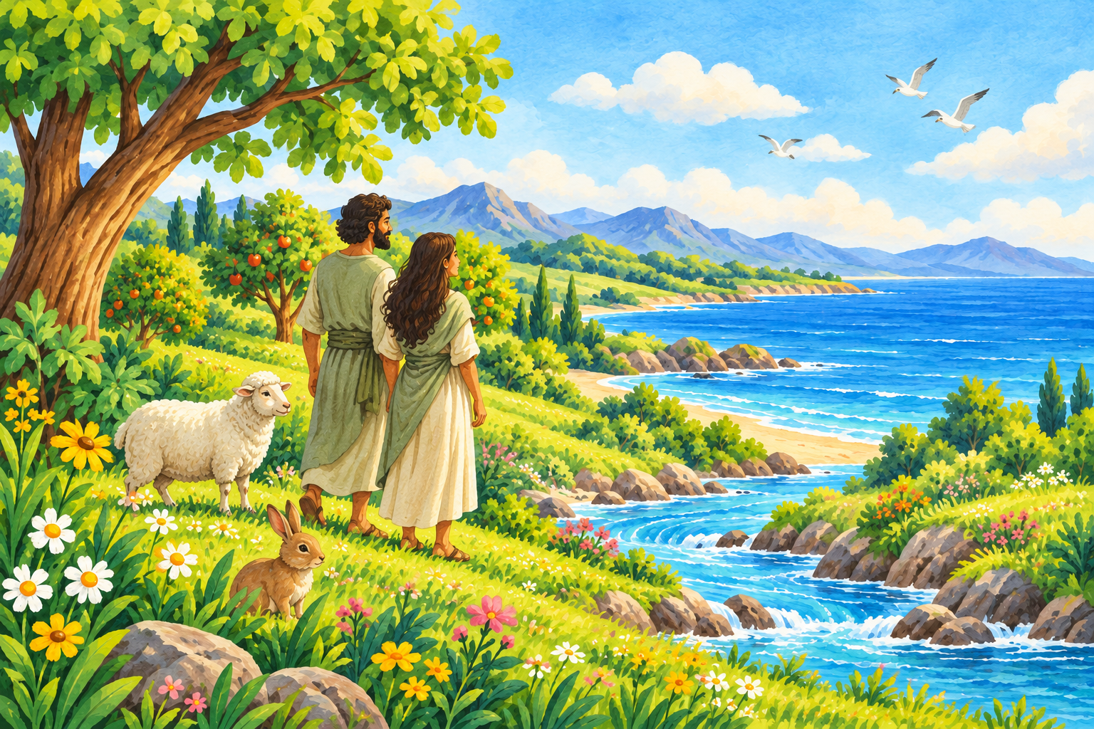 An artist’s illustration of a man and woman looking across the good world.