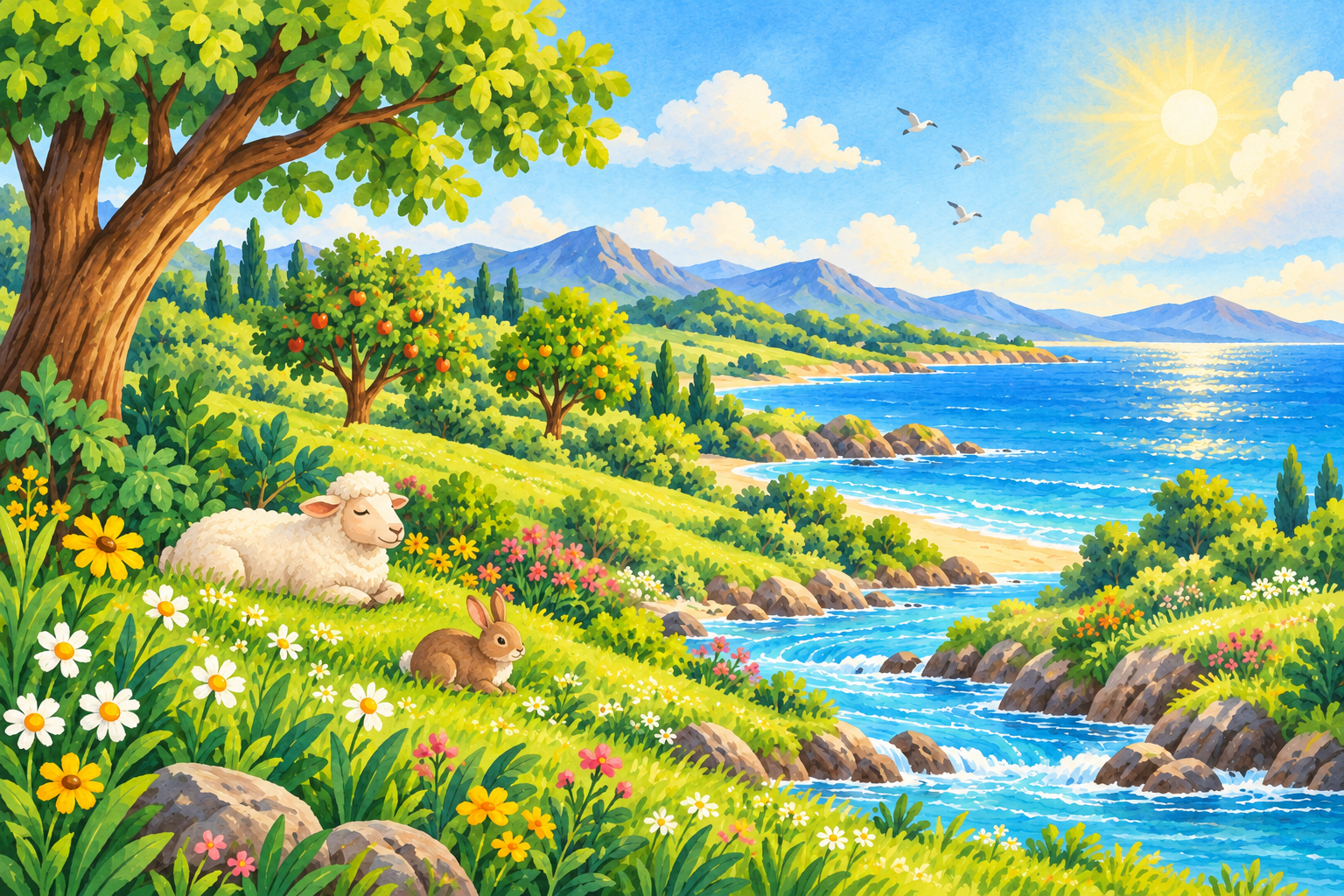 A quiet scene of the completed world, with a resting sheep beside flowers and water.