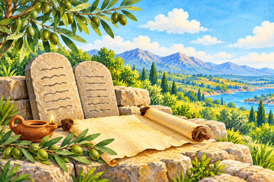 Stone tablets and a scroll, symbolic companion artwork for law and worship