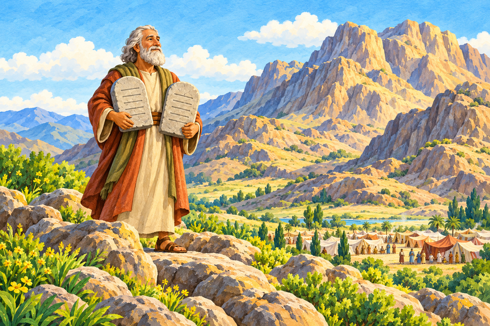 An artist’s illustration of Moses holding stone tablets before a mountain