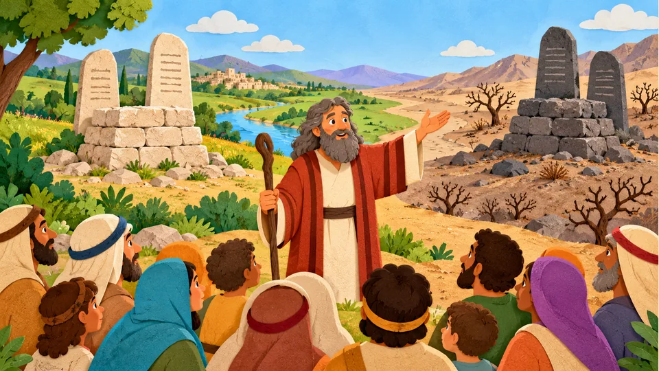 Paper illustration accompanying Covenant Blessings, Curses and the Choice of Life (Deuteronomy 27:1–30:20).