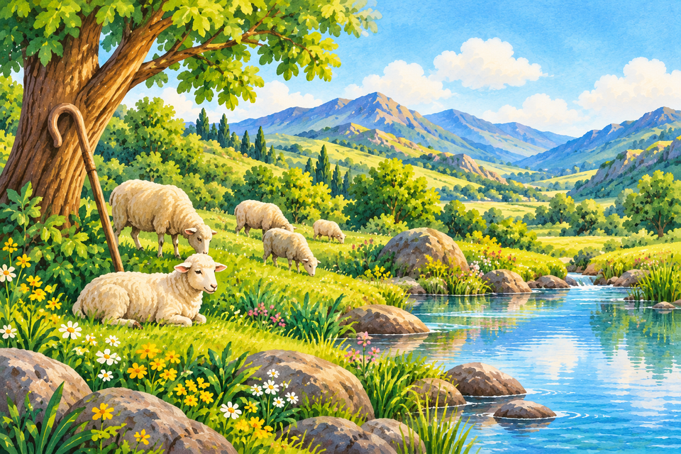 Sheep in green pasture beside still water, illustrating the imagery of Psalm 23