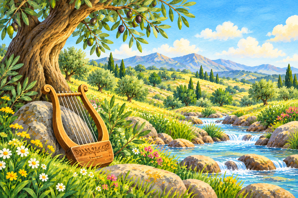 A lyre beside an olive tree and a stream, companion artwork for biblical poetry