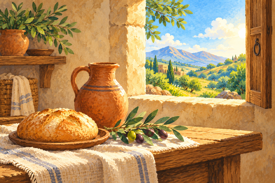 Bread, a clay jug and an olive branch beside a quiet window