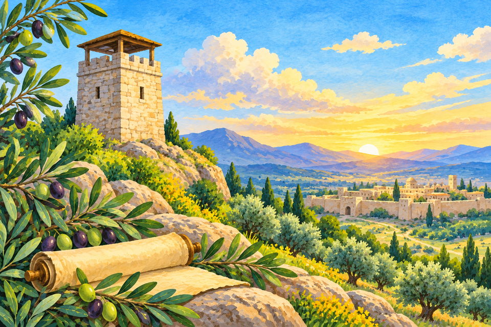 A watchtower and scroll, symbolic companion artwork for prophetic readings