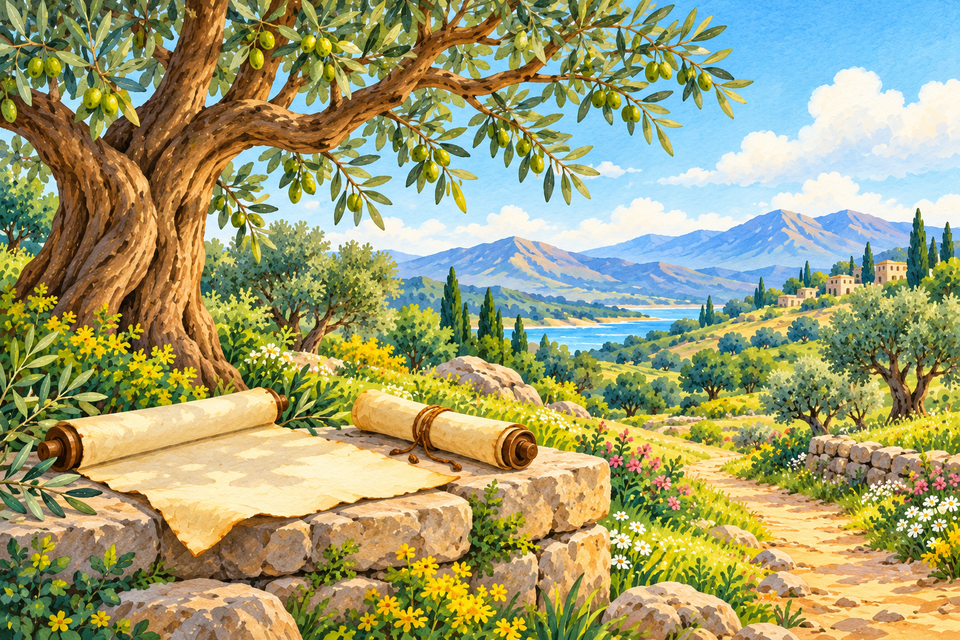A branching olive tree and scrolls, symbolic companion artwork for records and family lines