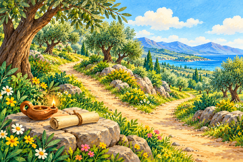 A lamp and scroll beside a path, companion artwork for wisdom and teaching
