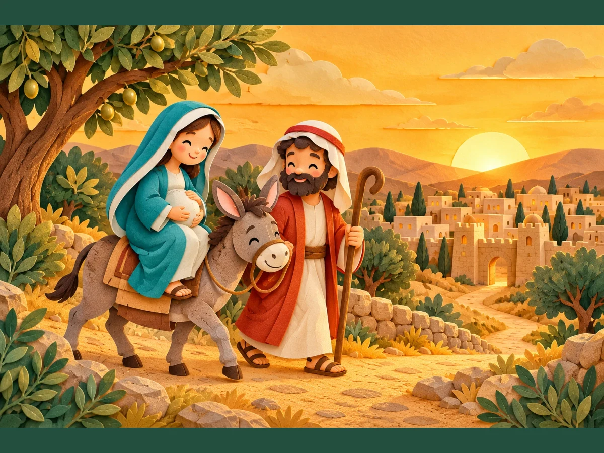 Mary, expecting Jesus, travels with Joseph towards Bethlehem.