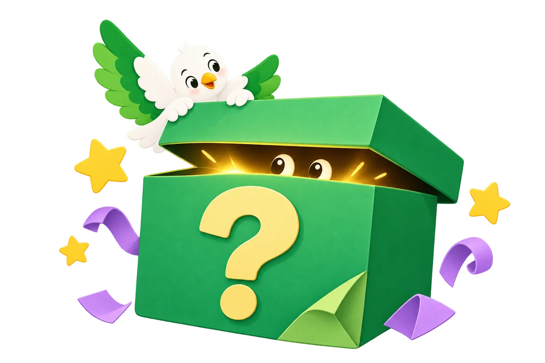 A green paper mystery box with a question mark, curious eyes peeking under the lid, and a little dove investigating